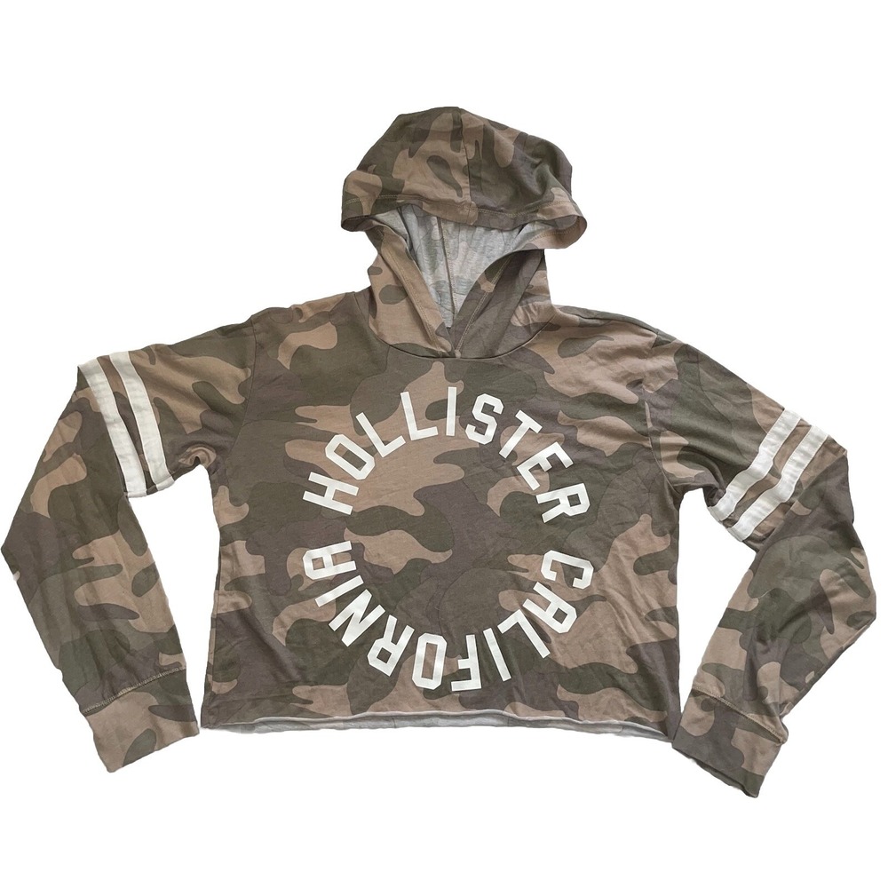 Hollister Camo Cropped Hoodie Long Sleeve T-Shirt Women's Medium California Y2K